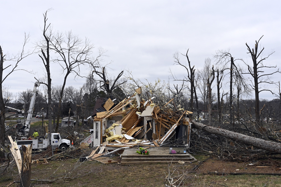 A home destroyed along Britton Springs Road on Sunday, Dec. 10, 2023, Clarksville, Tenn. Tornados caused catastrophic damage in Middle Tennessee Saturday afternoon and evening.