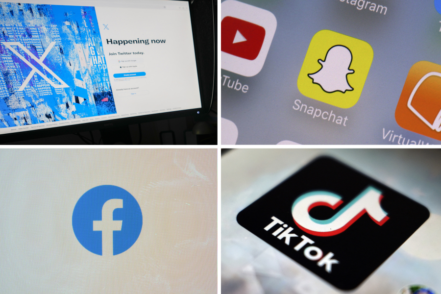 FILE - This combination of photos shows logos of X, formerly known as Twitter, top left; Snapchat, top right; Facebook, bottom left; and TikTok, bottom right. Social media companies collectively made over $11 billion in U.S. advertising revenue from minors last year, according to a study from the Harvard T.H. Chan School of Public Health released Wednesday, Dec. 27, 2023.