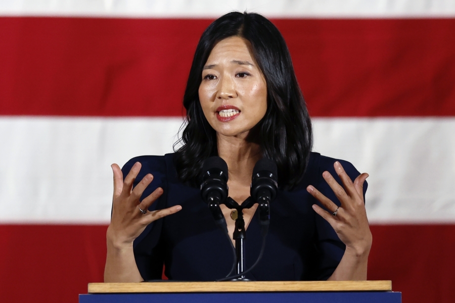 FILE - Boston Mayor Michelle Wu speaks during a Democratic election night party, Nov. 8, 2022, in Boston. A spate of false reports of shootings at the homes of public officials in recent days could be setting the stage for stricter penalties against so-called swatting in more states. Wu, U.S. Sen. Rick Scott of Florida, Georgia U.S. Rep. Marjorie Taylor Greene and Ohio Attorney General Dave Yost have been among the victims.