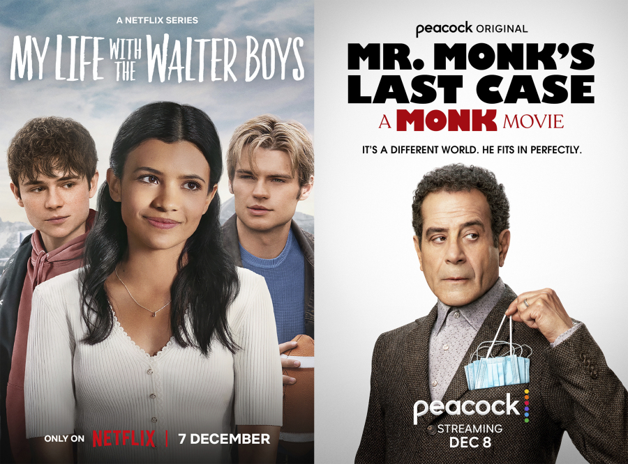 This combination of photos shows promotional art for &ldquo;My Life with the Walter Boys&rdquo; a series premiering Dec. 7 on Netflix, left, and &ldquo;Mr. Monk&rsquo;s Last Case: A Monk Movie,&rdquo; premiering Dec 8 on Peacock.