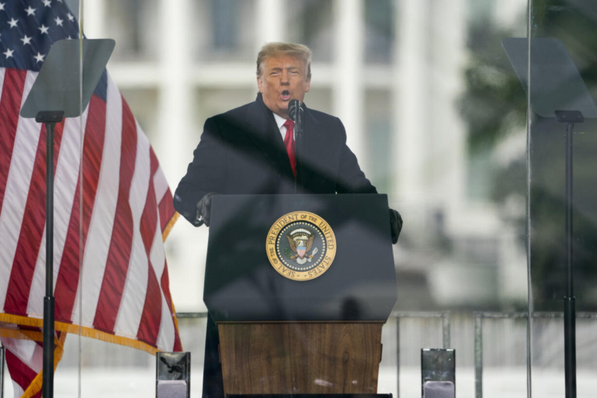 FILE - President Donald Trump speaks during a rally protesting the electoral college certification of Joe Biden as President in Washington, Jan. 6, 2021. Former President Donald Trump is appealing a ruling that found he is not immune from criminal prosecution over his efforts to overturn the 2020 election. That&#039;s according to court papers filed Thursday.