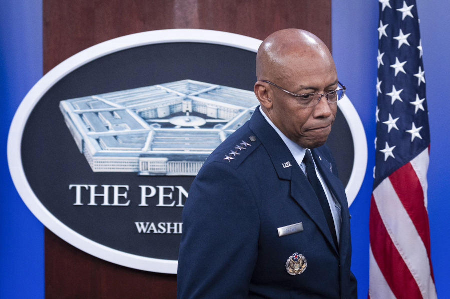 Chairman of the Joint Chiefs of Staff Air Force Gen. CQ Brown, enters the Press Briefing Room to participate in a virtual Ukraine Defense Contact Group (UDCG) meeting, Wednesday, Nov. 22, 2023, at the Pentagon in Washington.