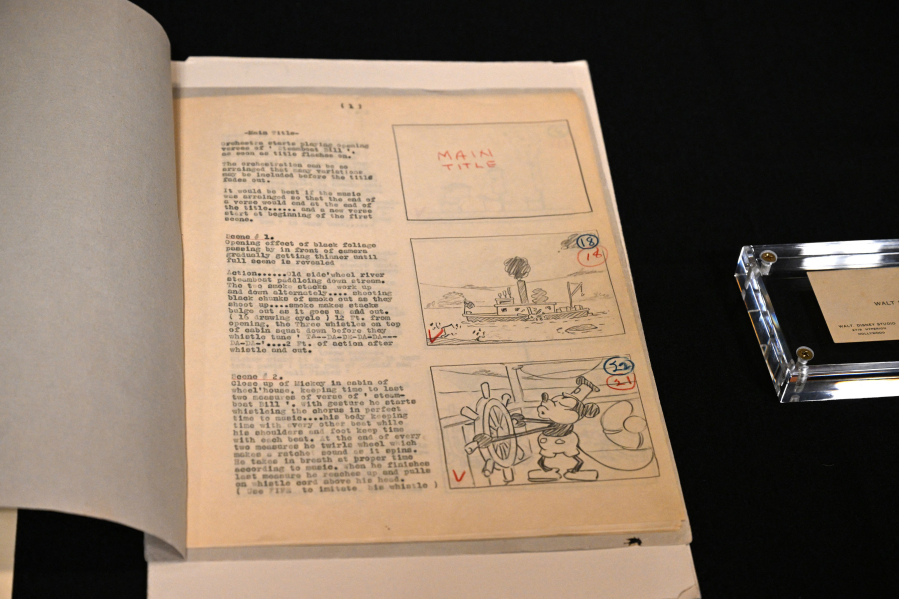 The original 1928 script for Disney&rsquo;s &ldquo;Steamboat Willie,&rdquo; the first cartoon to star Mickey Mouse, is displayed June 20 during a media tour of the Walt Disney Archives at the Disney Studio lot, in Burbank, Calif.