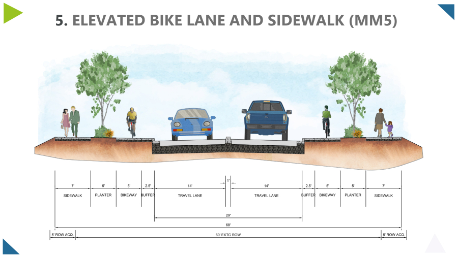 An illustration shows the preferred alternative for the Everett Street Corridor improvement project presented to Camas officials Dec. 20. The plan calls for elevated bike lanes and sidewalks on both sides of state Highway 500 that runs from just north of the Lake Road-Everett Street roundabout to the city&rsquo;s northern limits near Northeast Third Street.