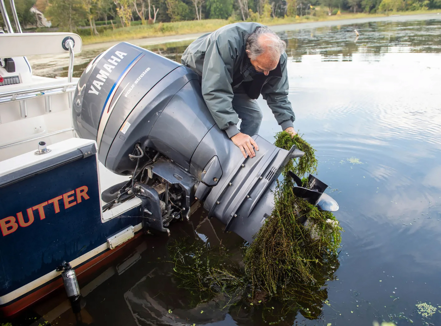 Joe Standart pulls Hydrilla from his boat propeller after a short trip around Selden Cove in Lyme, a cove that is part of the Connecticut River on Tuesday, Sept. 26, 2023.