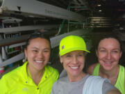 Through rowing, this writer found community and friendship, which helps make it easier to get out of bed at 5 a.m. on cold, dark winter mornings. From left, Stefanie Loh, Colleen Ryan and Rachel Egner all met in the Pocock Rowing Center&rsquo;s May Learn to Row class and have kept in touch since through a lively group text chain.