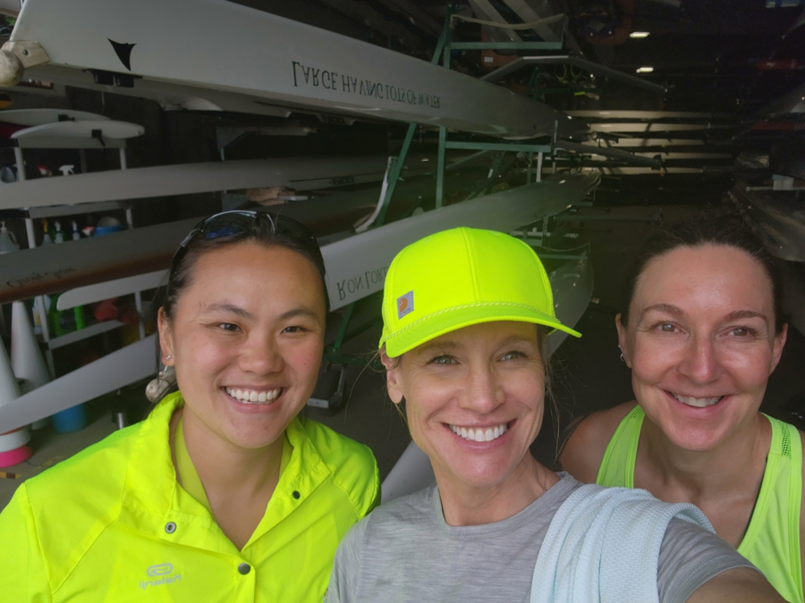 Through rowing, this writer found community and friendship, which helps make it easier to get out of bed at 5 a.m. on cold, dark winter mornings. From left, Stefanie Loh, Colleen Ryan and Rachel Egner all met in the Pocock Rowing Center&rsquo;s May Learn to Row class and have kept in touch since through a lively group text chain.