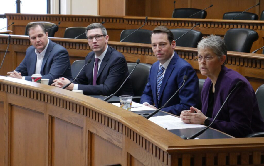Washington&rsquo;s Senate Minority Leader John Braun, left, and House Minority Leader Drew Stokesbary, center-left, both Republicans, and Senate Majority Leader Andy Billig, center-right, and House Speaker Laurie Jinkins, right, discuss issues the Legislature will tackle in the 2024 session.