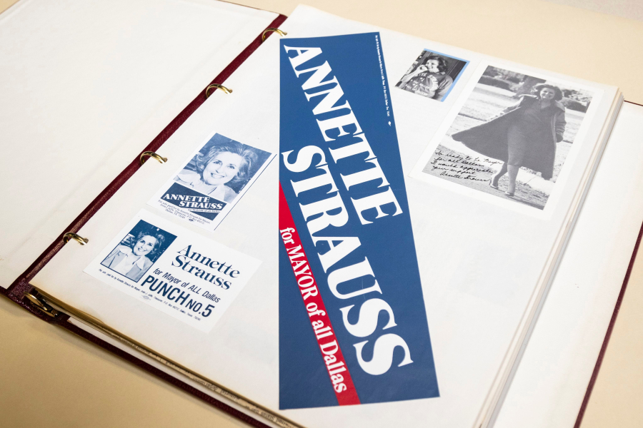 A page from one of Annette Strauss&rsquo; many scrapbooks, part of the collection now with the Dallas Municipal Archives, includes campaign photos, handouts for voters and a bumper sticker for her supporters.