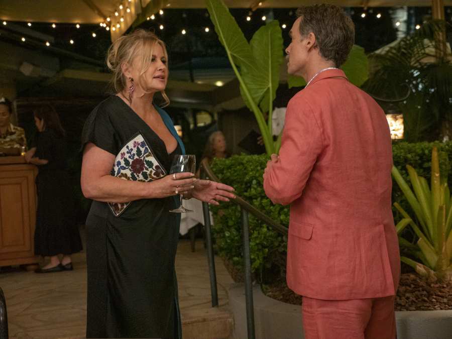 Jennifer Coolidge plays a guest at a tropical resort and Murray Bartlett the concierge in the first season of the HBO series &ldquo;The White Lotus.&rdquo; (Mario Perez/HBO)