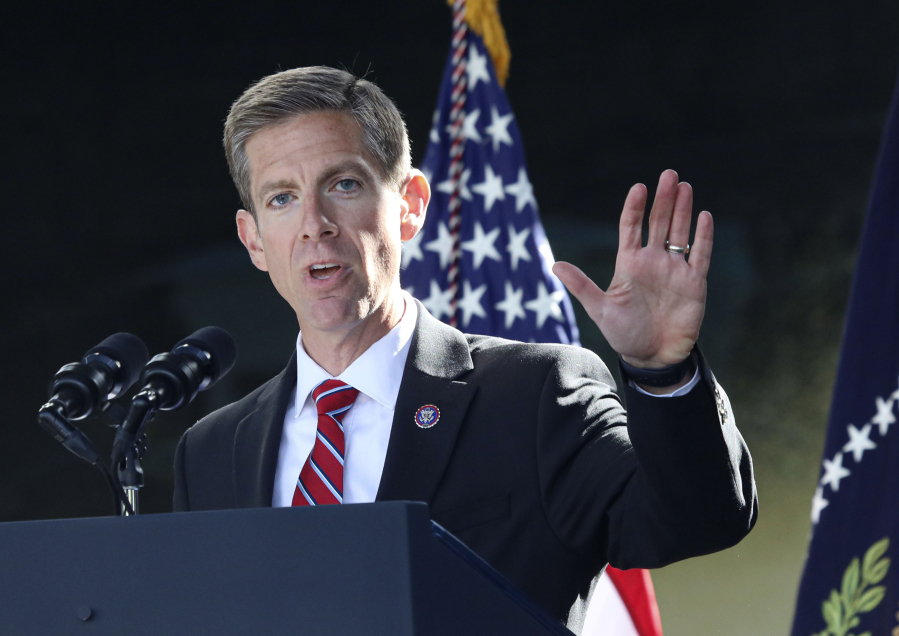 Democratic congressional candidate Mike Levin (D-CA) speaks with dignitaries and employees at ViaSat on Nov. 4, 2022, in Carlsbad, California.