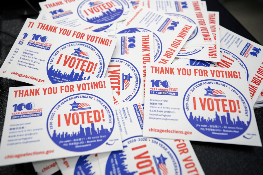 &ldquo;I voted&rdquo; stickers sit on a table inside the early voting Chicago Board of Elections&rsquo; Loop Super Site in Chicago, on Oct. 1, 2020.