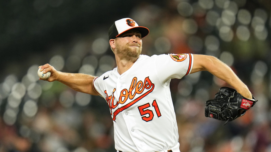 Baltimore Orioles relief pitcher Austin Voth throws a pitch during the eighth inning of a baseball game between the Baltimore Orioles and the Toronto Blue Jays, Tuesday, June 13, 2023, in Baltimore. The Orioles won 11-6.