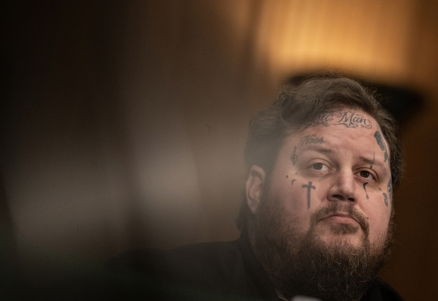 Musician Jason &quot;Jelly Roll&quot; DeFord speaks during a Senate Banking, Housing, and Urban Affairs Committee hearing in Washington, D.C., on Jan. 11, 2024. The hearing examined legislative solutions and public education for stopping the flow of fentanyl into and throughout the United States.
