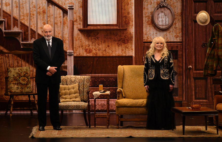 Actors Rob Reiner, left, and Sally Struthers speak onstage during the 75th Emmy Awards at the Peacock Theatre in Los Angeles on Monday.