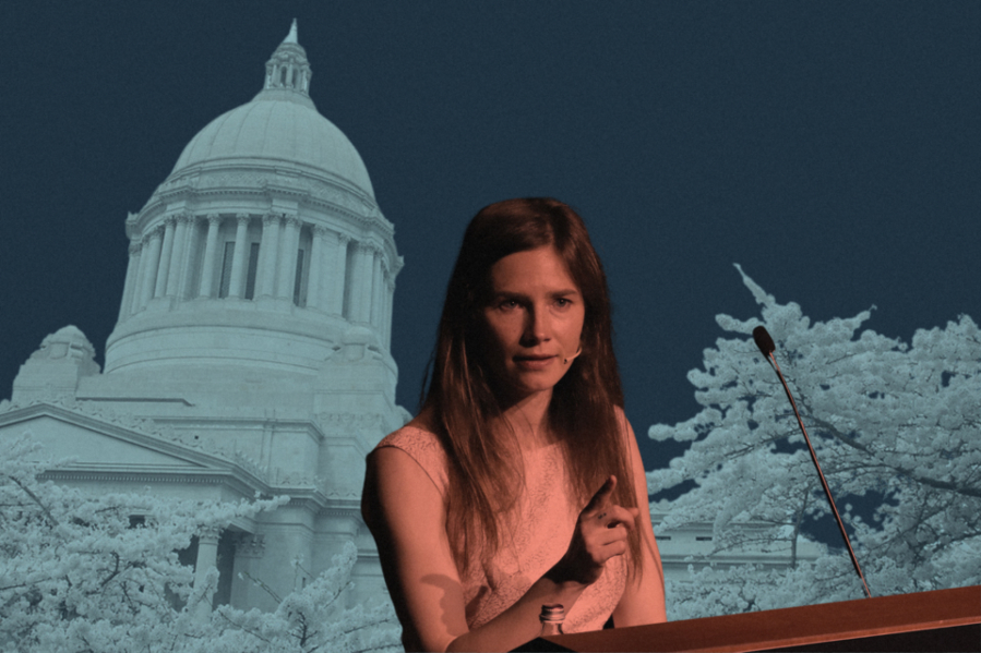 Amanda Knox and the Washington state capitol, where she testified on Jan. 8.