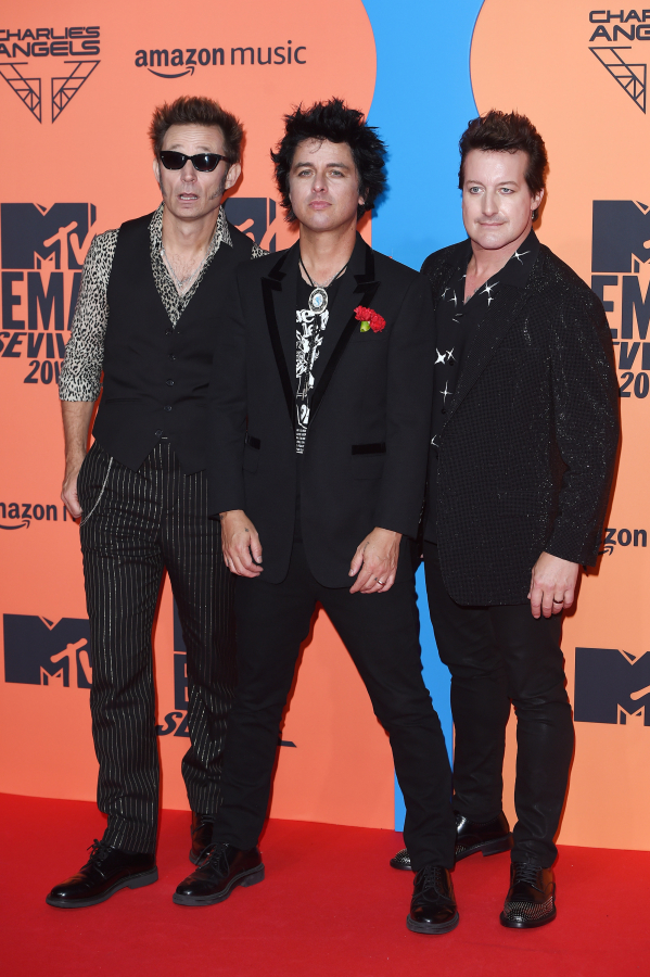 Left to right, Mike Dirnt, Billie Joe Armstrong and Tre Cool of Green Day attend the MTV EMAs 2019 at FIBES Conference and Exhibition Centre on Nov. 3, 2019, in Seville, Spain.