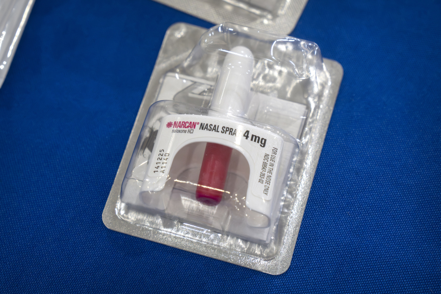 A container of Narcan, a brand name version of the opioid overdose-reversal drug naloxone, sits on a table following a demonstration at the Department of Health and Human Services on Sept. 8 in Washington.