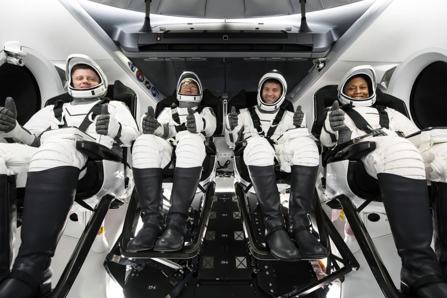 Members of NASA's SpaceX Crew-8 from right to left, NASA astronauts Jeanette Epps, mission specialist; Matthew Dominick, commander; Michael Barratt, pilot; and Roscosmos cosmonaut Alexander Grebenkin, mission specialist; participate in the Crew Equipment Interface Test at Cape Canaveral Space Force Station in Florida on Jan. 12.