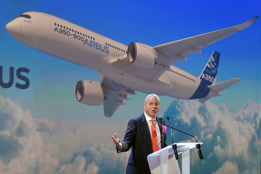 Christian Scherer Airbus Chief Commercial Officer speaks during the ceremony for the delivery of the company&rsquo;s first Airbus A350 XWB 900, on Nov. 15, 2019, at the Airbus delivery center in Colomiers, southwestern France.