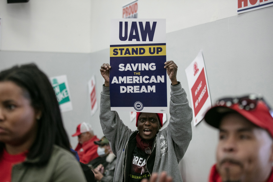 UAW members attend a rally in support of the labor union strike at the UAW Local 551 hall in Chicago, on Oct. 7, 2023. Despite remarkable union victories, the share of workers in unions declined to 10% last year.