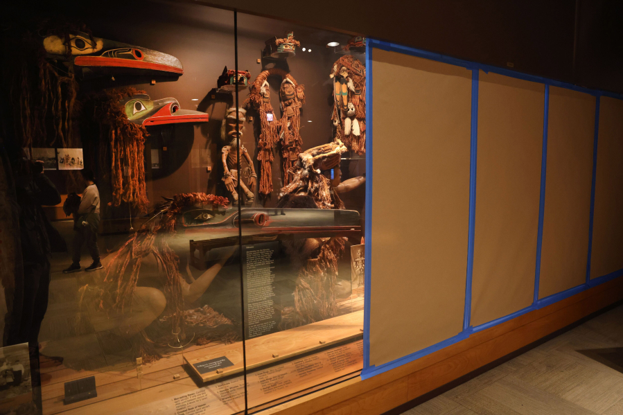 Field Museum display cases in the Halls of the Ancient Americs and the Hall of Northwest Coast and Arctic Peoples are seen covered on Jan. 18, 2024.