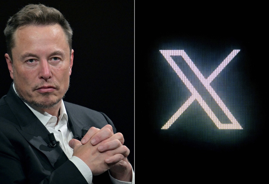 This combination of pictures created on Oct. 10, 2023, shows (left) SpaceX, Twitter and electric car maker Tesla CEO Elon Musk during his visit at the Vivatech technology startups and innovation fair at the Porte de Versailles exhibition center in Paris, on June 16, 2023, and (right) the new Twitter logo rebranded as X, pictured on a screen in Paris on July 24, 2023. The EU&rsquo;s digital chief Thierry Breton warned Elon Musk on Oct. 10, 2023, that his platform X, formerly Twitter, is spreading &ldquo;illegal content and disinformation,&rdquo; in a letter seen by AFP.