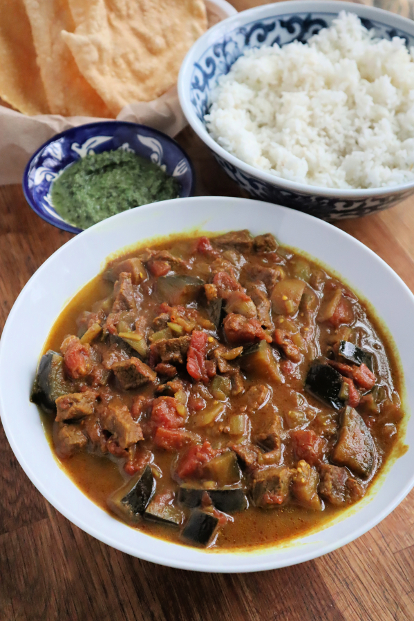 Only mildly spicy, this beef and eggplant curry hits the spot when it&rsquo;s cold outside.