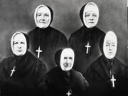 The five foundresses of the Sisters of Providence Northwest mission in Washington Territory. Front row: Sister Praxedes of Providence, Mother Joseph of the Sacred Heart, Sister Mary of the Precious Blood. Back row, Sister Vincent de Paul, Sister Blandine of the Holy Angels.