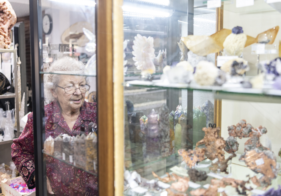 Arlene Handley, the founder of Handley Rock &amp; Jewelry Supply, gazes at some of her shop&rsquo;s gorgeous offerings. &ldquo;Everything you are looking at, that&rsquo;s how it grew in nature,&rdquo; she said.