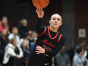Camas junior Keirra Thompson passes the ball Tuesday, Jan. 2, 2024, during the Papermakers’ 65-43 win against Union at Union High School.