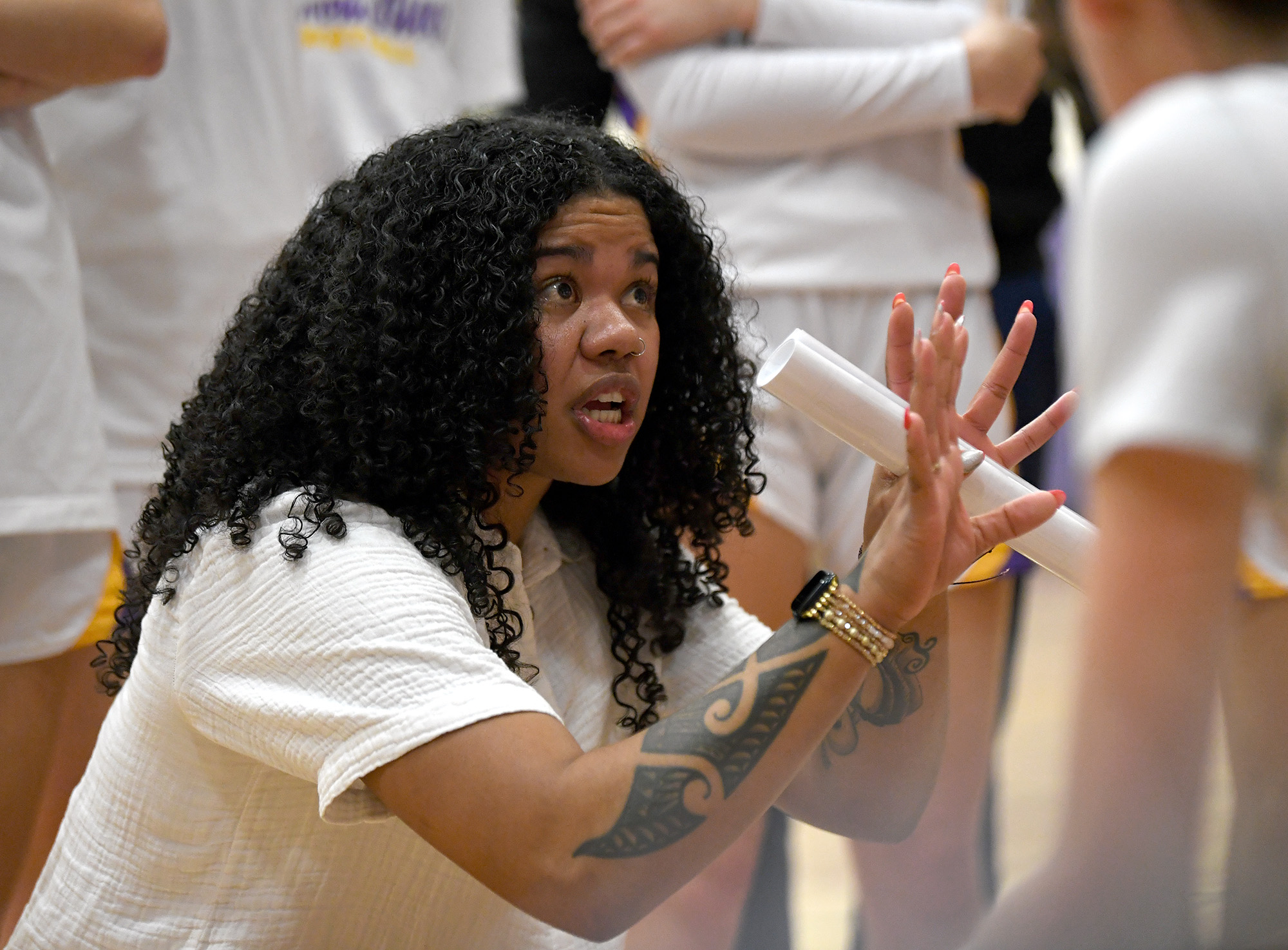 Columbia River head girls basketball coach Tuileisu Anderson talks to the team Friday, Jan. 5, 2024, during the Rapids’ 43-33 win against Ridgefield at Columbia River High School.