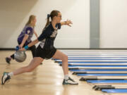 Skyview’s Addysen Case bowls Friday, Jan. 26, 2024, during the WIAA District 4 3A/4A championships at Hazel Dell Lanes.