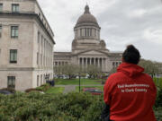 Maya Hendin of Council for the Homeless looks out at the Capitol during a break from meeting with state legislators Tuesday for Housing and Homelessness Advocacy Day.