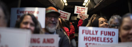 Community members, social service providers and people who have been homeless prepare to leave Vancouver for Olympia to advocate for rent stabilization Tuesday for Housing and Homelessness Advocacy Day. The advocates &mdash; as young as 9 and as old as 77 &mdash; donned red sweatshirts and packed into the bus before dawn.