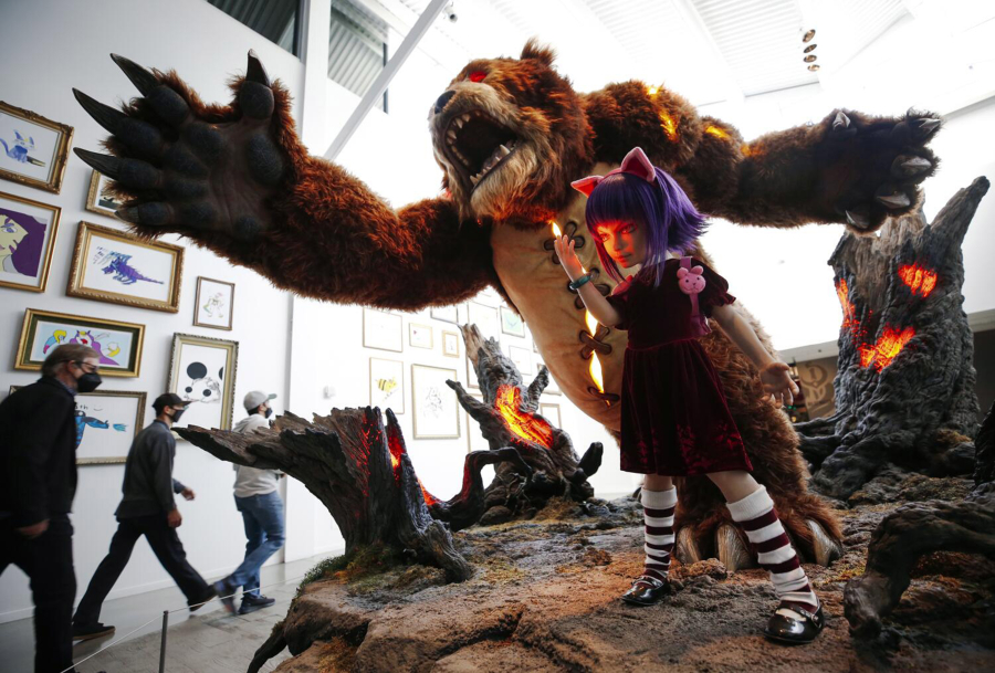 Annie and Tibbers statue greets Rioters as they enter Riot Games Los Angeles headquarters. Annie is one of the champions and Tibbers is her teddy bear. Riot Games is the company behind the game League of Legends. In November, League of Legends will move into television via the the Netflix series &lsquo;Arcane.&rsquo; Arcane is set in the League of Legends world as Riot Games is aiming to become a new-look entertainment firm, using its original video game IP to expand into the worlds of television and music as well as immersive theater. Riot Games on Tuesday, Nov. 2, 2021 in Los Angeles, CA.