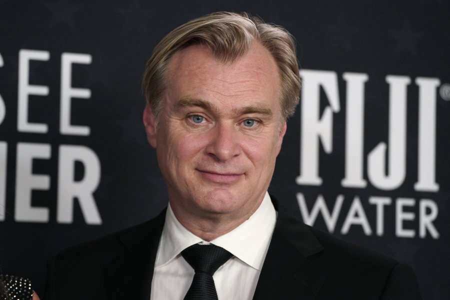 Christopher Nolan poses in the press room with the award for best picture for &ldquo;Oppenheimer&rdquo; during the 29th Critics Choice Awards on Sunday, Jan. 14, 2024, at the Barker Hangar in Santa Monica, Calif.