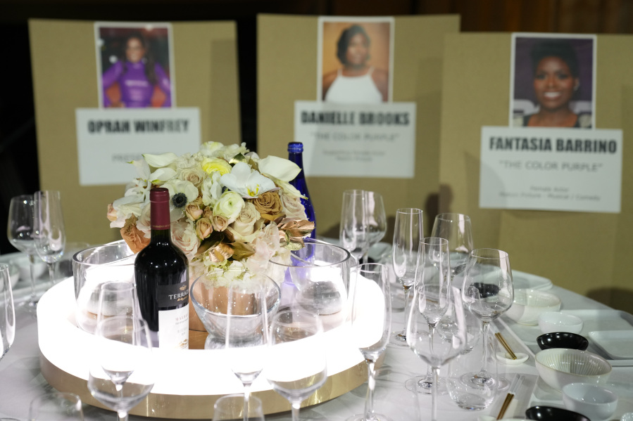 A table is set with placards for presenters during the Golden Globe Awards Press Preview at the Beverly Hilton on Thursday, Jan. 4, 2024, in Beverly Hills, Calif.