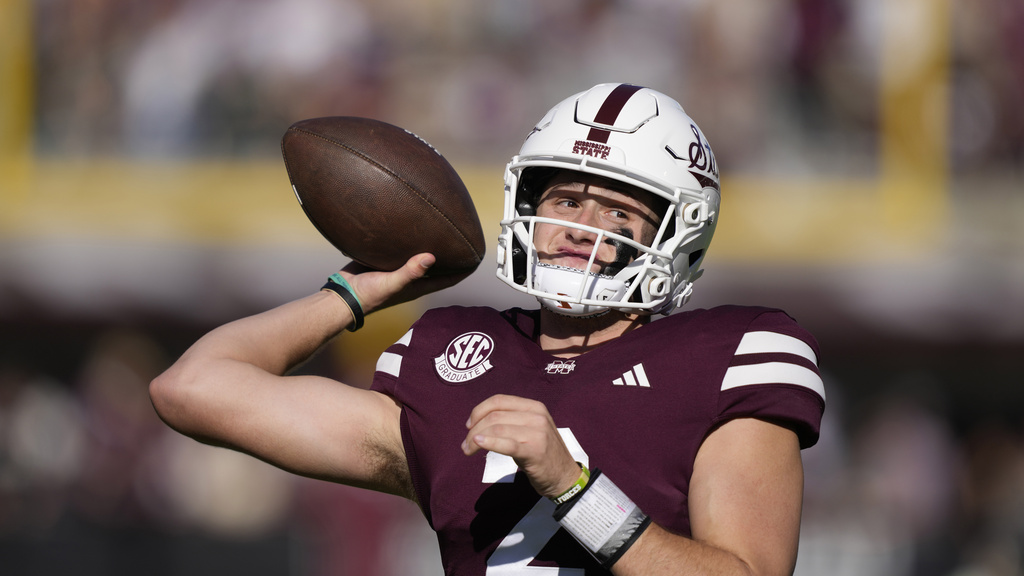 Mississippi State quarterback Will Rogers (2) passes against Southern Mississippi during the second half of an NCAA college football game in Starkville, Miss., Saturday, Nov. 18, 2023. Mississippi State won 41-20. (AP Photo/Rogelio V.
