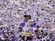 Washington quarterback Michael Penix Jr. celebrates after the Sugar Bowl CFP NCAA semifinal college football game between Washington and Texas, Tuesday, Jan. 2, 2024, in New Orleans. Washington won 37-31.