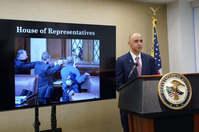 U.S. Attorney for the District of Colombia Matthew Graves speaks about the unfolding of the January 6 attack on the Capitol during a presentation ahead of this year's third anniversary in Washington, Thursday, Jan. 4, 2024.