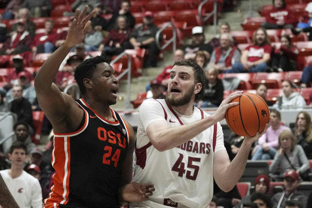 Washington State forward Oscar Cluff (45) looks to pass the ball as Oregon State center KC Ibekwe (24) defends during the second half of an NCAA college basketball game Thursday, Jan. 4, 2024, in Pullman, Wash. (AP Photo/Ted S.