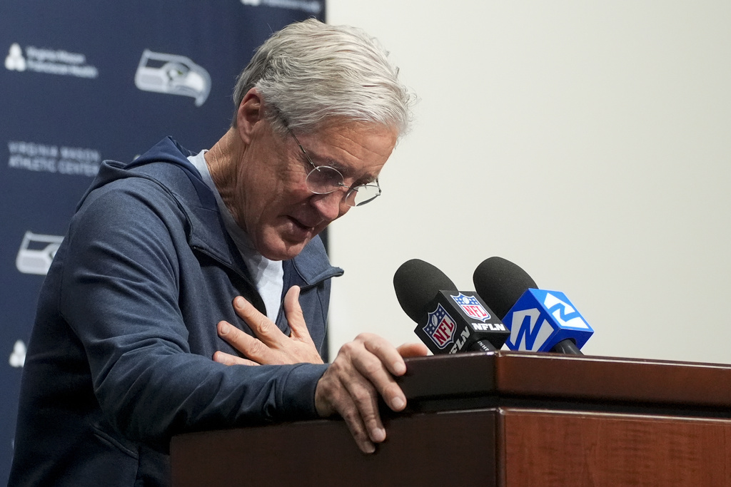 Former Seattle Seahawks head coach Pete Carroll becomes emotional while speaking during a media availability after it was announced he will not return as head coach next season, Wednesday, Jan. 10, 2024, at the NFL football team's headquarters in Renton, Wash. Carroll will remain with the organization as an advisor.