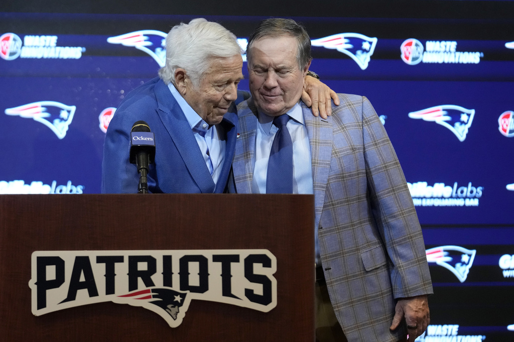 New England Patriots team owner Robert Kraft, left, and former Patriots head coach Bill Belichick embrace during an NFL football news conference, Thursday, Jan. 11, 2024, in Foxborough, Mass., to announce that Belichick, a six-time NFL champion, has agreed to part ways with the team.