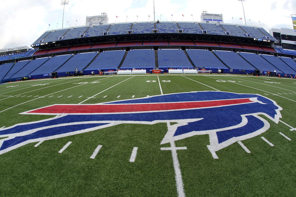 FILE - The Buffalo Bills logo is displayed opn the field at Highmark Stadium before an NFL football game between the Pittsburgh Steelers and the Buffalo Bills in Orchard Park, N.Y., Sunday, Oct. 9, 2022. The Bills' wild-card playoff game against the Pittsburgh Steelers that was scheduled for Sunday, Jan. 14, 2024, was moved to Monday amid a forecast for dangerous winter weather, New York Gov. Kathy Hochul announced Saturday. (AP Photo/Gene J.