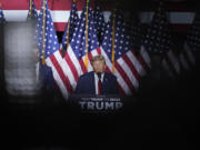 Republican presidential candidate former President Donald Trump speaks at a caucus night party in Des Moines, Iowa, Monday, Jan.