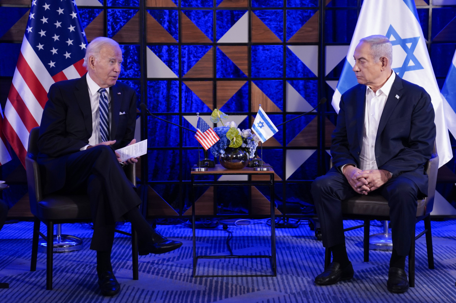 President Joe Biden speaks as he meets with Israeli Prime Minister Benjamin Netanyahu in October in Tel Aviv. More Americans think foreign policy should be a top focus for the U.S. in 2024.