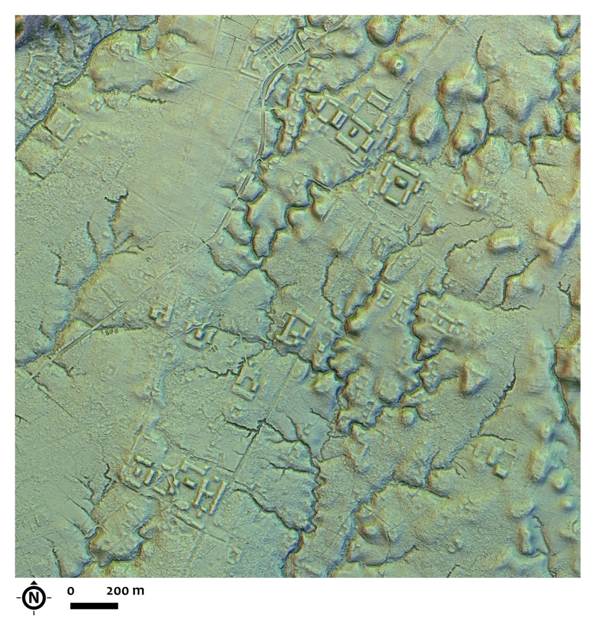 This LIDAR image provided by researchers in January 2024 shows a main street crossing an urban area, creating an axis along which complexes of rectangular platforms are arranged around low squares at the Copueno site, Upano Valley in Ecuador. Archeologists have uncovered a cluster of lost cities in the Amazon rainforest that was home to at least 10,000 farmers around 2,000 years ago, according to a paper published Thursday, Jan. 11, 2024, in the journal Science.