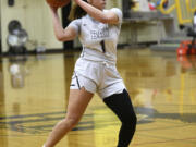 Alana Stephens of Hudson’s Bay looks to make a pass against Washougal during a 2A Greater St. Helens League girls basketball game at Hudson’s Bay High School on Monday, Jan. 29, 2024.