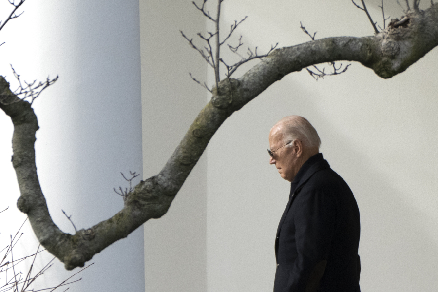 President Joe Biden walks out of the White House to board Marine One on the South Lawn in Washington, Friday, Jan. 12, 2024, for a short trip to Joint Base Andrews, Md., and then on to Allentown, Pa.